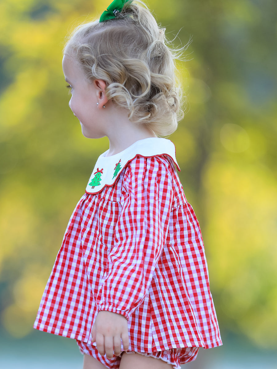 Christmas Tree Embroidery Red Gingham Long Sleeve Baby Girl Bloomers Set