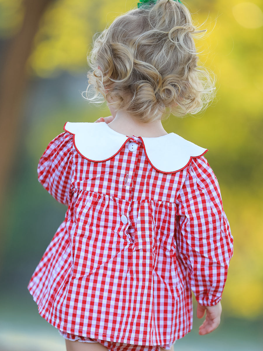 Christmas Tree Embroidery Red Gingham Long Sleeve Baby Girl Bloomers Set