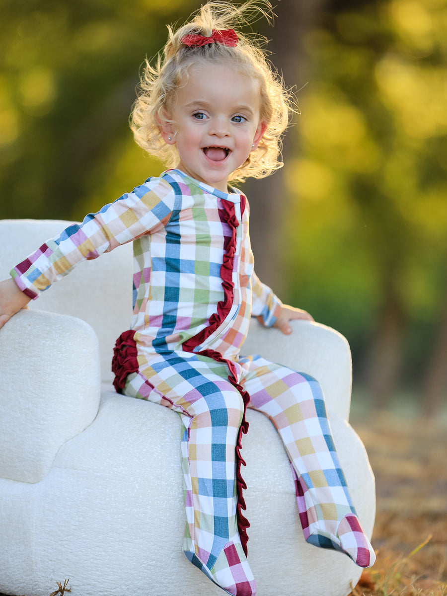 Baby Girl Plaid Ruffle Footie Pajamas Long Sleeve Zipper Romper