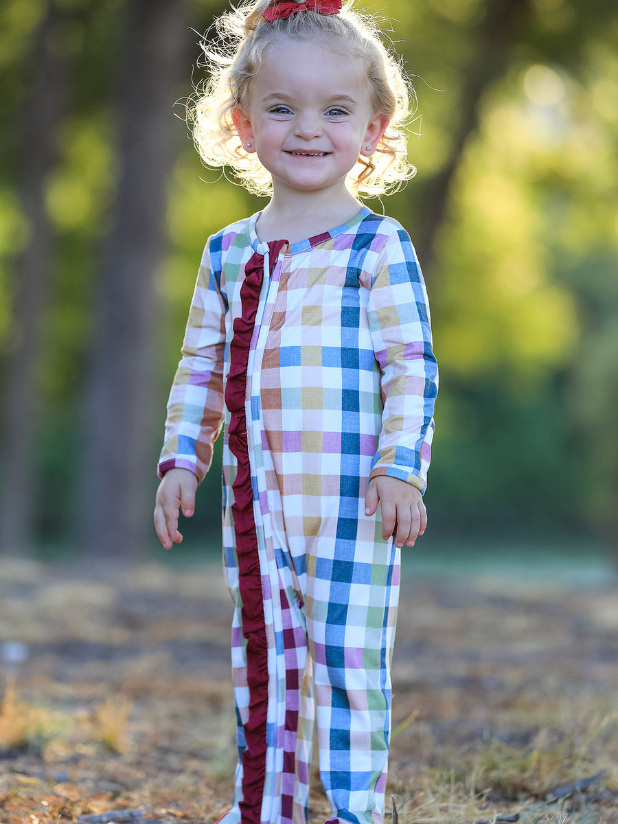 Baby Girl Plaid Ruffle Footie Pajamas Long Sleeve Zipper Romper