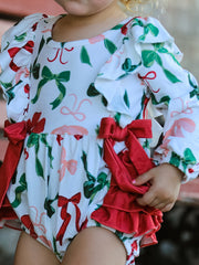Holiday Print Christmas Baby Girl Romper with Bow Ruffles