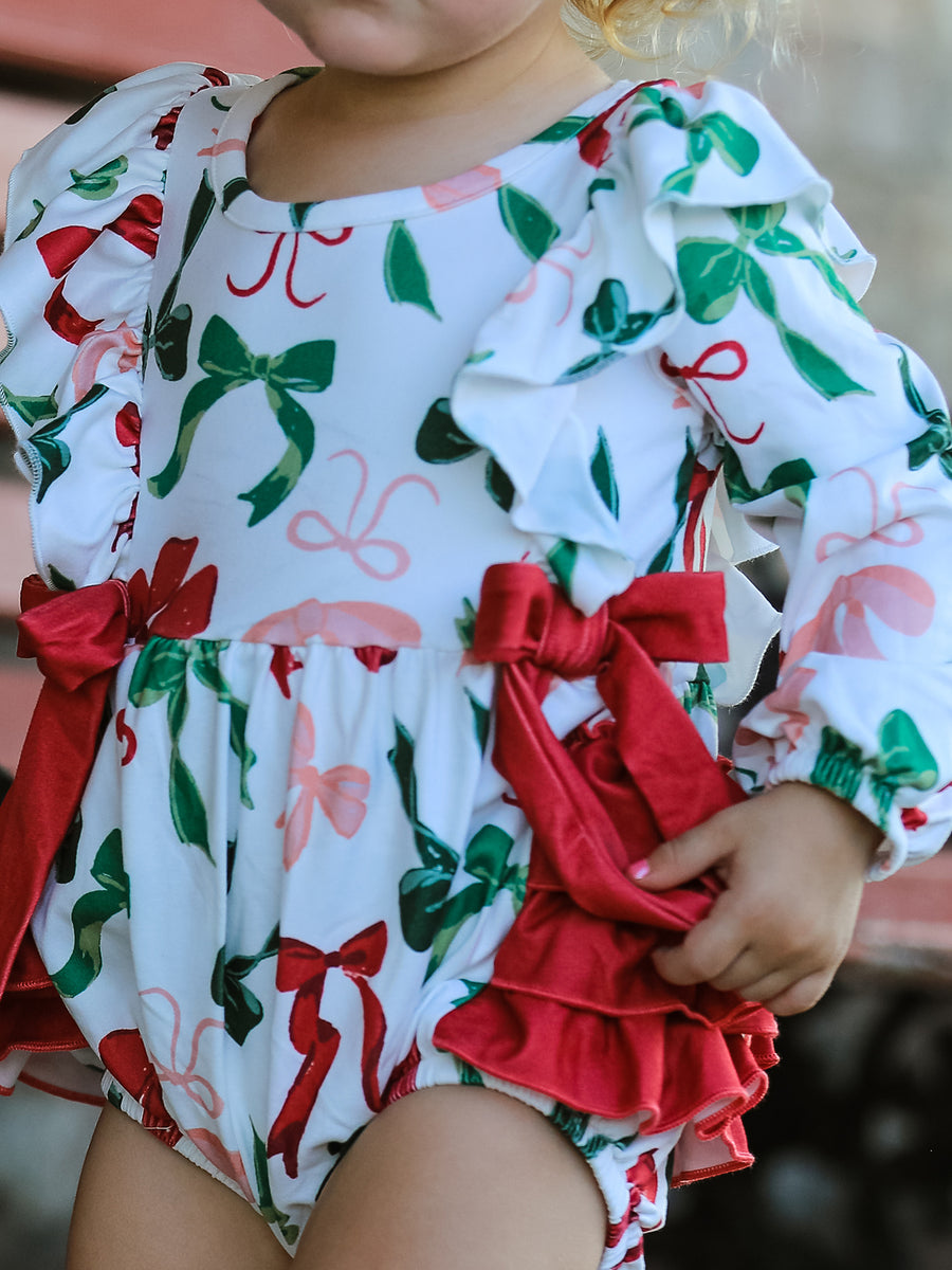 Holiday Print Christmas Baby Girl Romper with Bow Ruffles