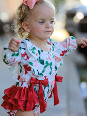 Holiday Print Christmas Baby Girl Romper with Bow Ruffles