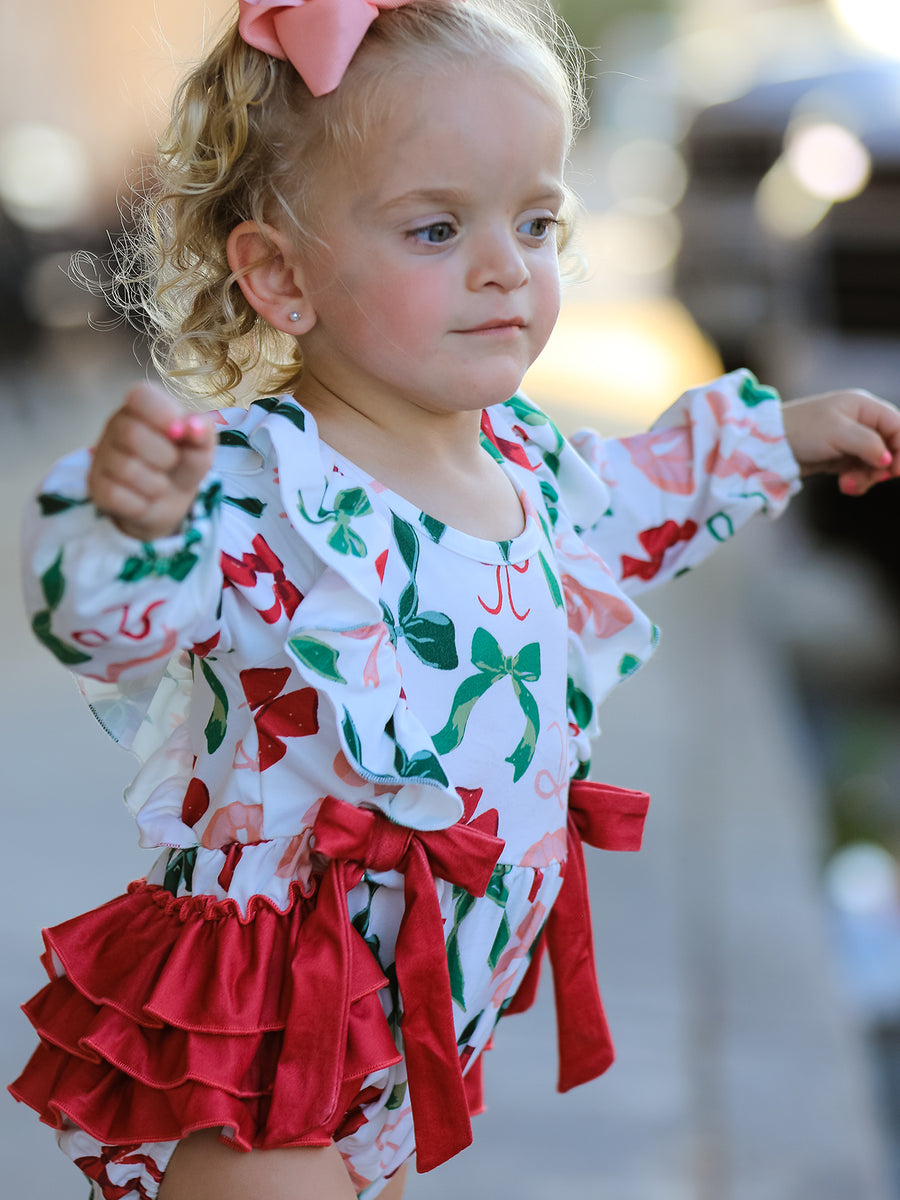 Holiday Print Christmas Baby Girl Romper with Bow Ruffles
