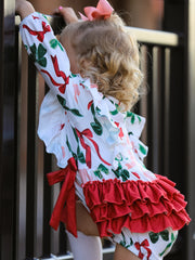 Holiday Print Christmas Baby Girl Romper with Bow Ruffles