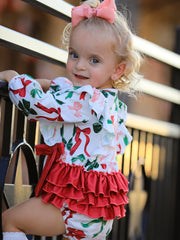 Holiday Print Christmas Baby Girl Romper with Bow Ruffles