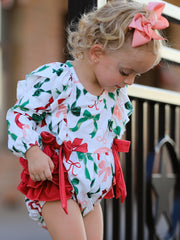 Holiday Print Christmas Baby Girl Romper with Bow Ruffles