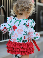 Holiday Print Christmas Baby Girl Romper with Bow Ruffles