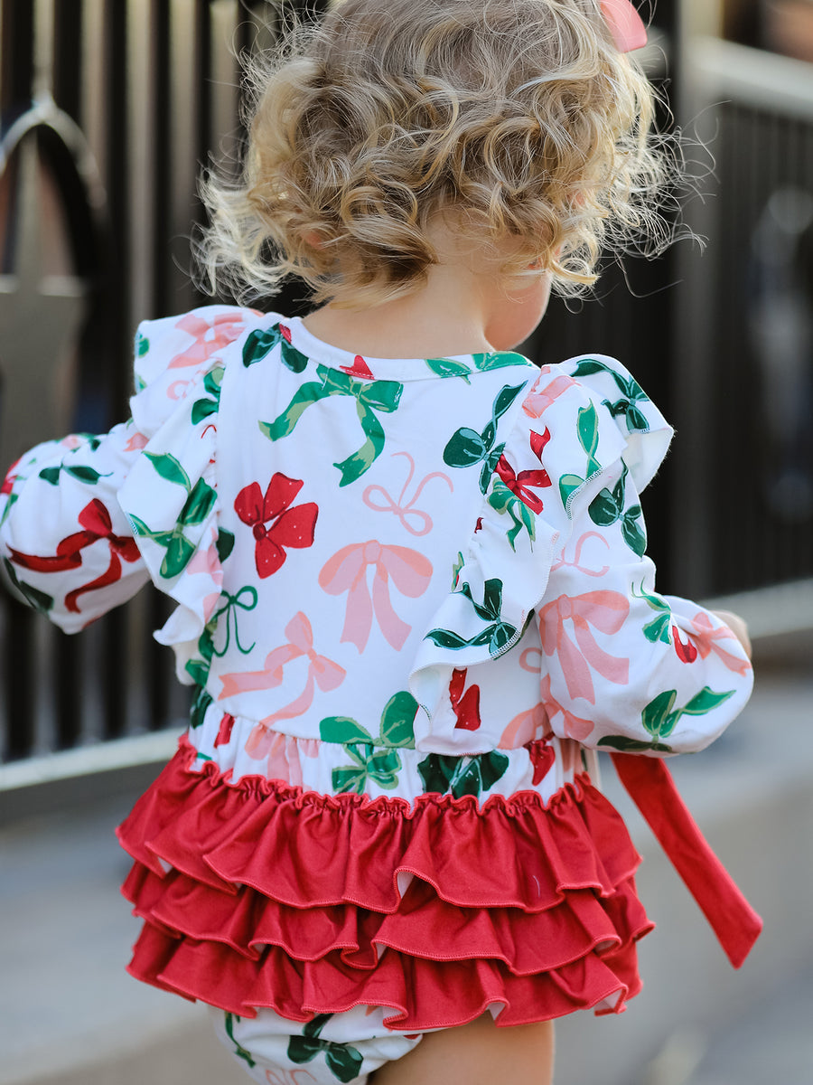 Holiday Print Christmas Baby Girl Romper with Bow Ruffles
