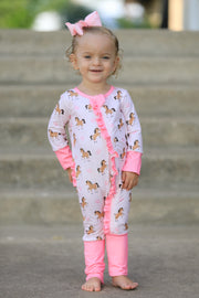 Western Horse Print Girls Romper Ruffle Zipper Long Sleeve