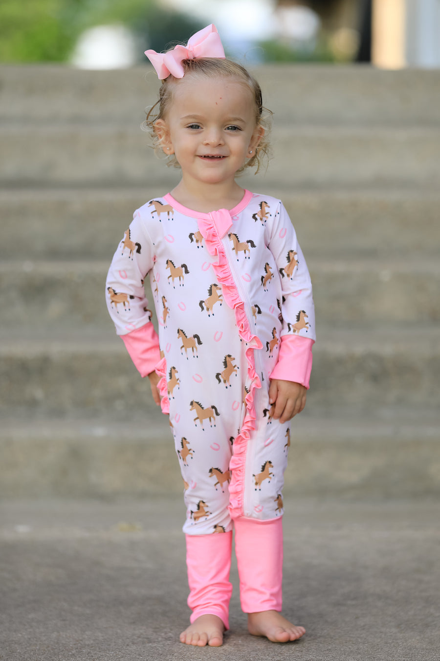 Western Horse Print Girls Romper Ruffle Zipper Long Sleeve