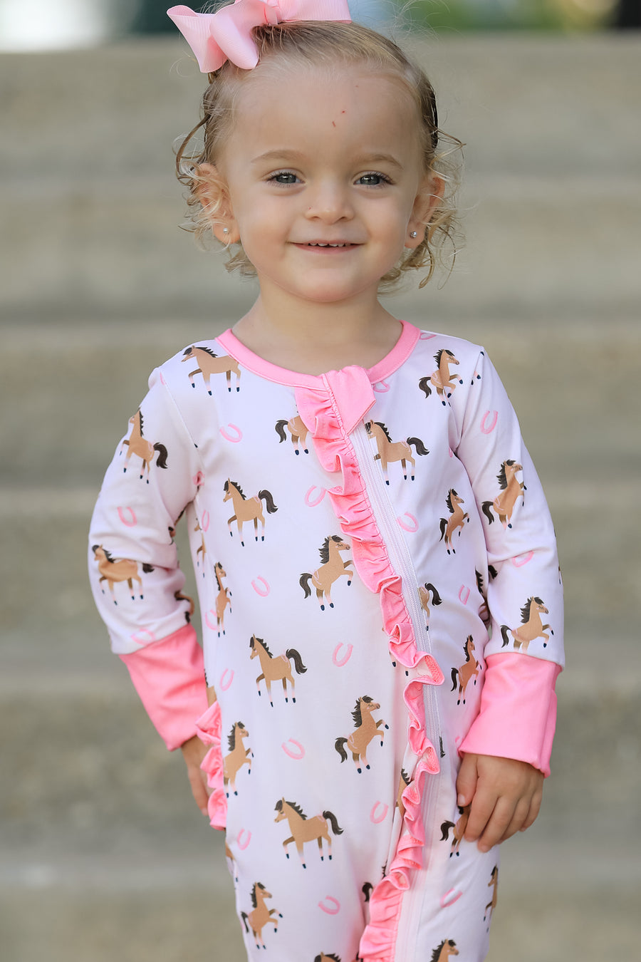 Western Horse Print Girls Romper Ruffle Zipper Long Sleeve