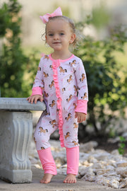 Western Horse Print Girls Romper Ruffle Zipper Long Sleeve