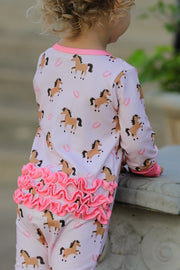 Western Horse Print Girls Romper Ruffle Zipper Long Sleeve