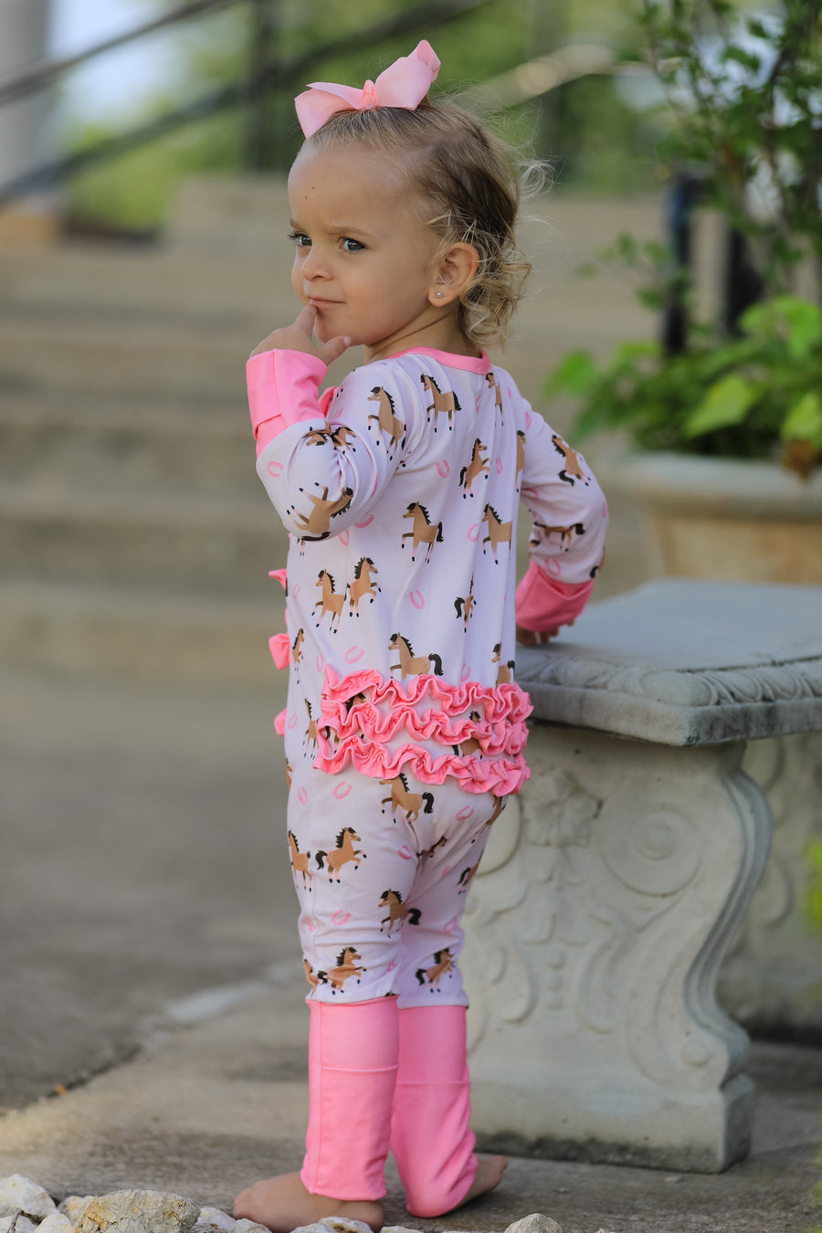 Western Horse Print Girls Romper Ruffle Zipper Long Sleeve