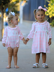 Fall Pink Plaid Ruffle Ballet Shoe Embroidery Long Sleeve Romper