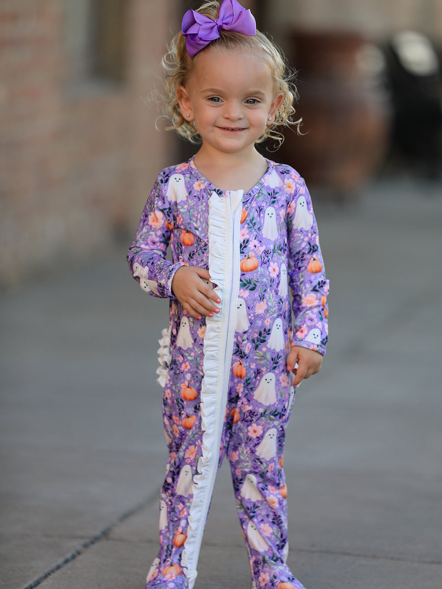 Halloween Ghost Pumpkin Girls Romper Ruffle Zipper