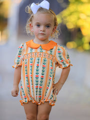 Fall Floral Stripe Baby Girls Romper Petals Collar Smocked