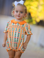 Fall Floral Stripe Baby Girls Romper Petals Collar Smocked