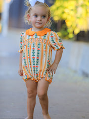 Fall Floral Stripe Baby Girls Romper Petals Collar Smocked