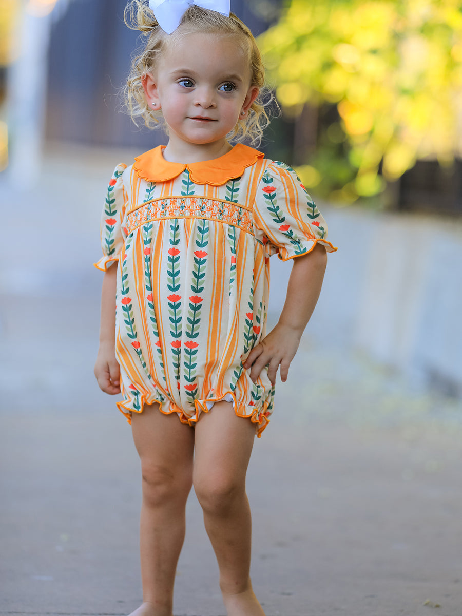 Fall Floral Stripe Baby Girls Romper Petals Collar Smocked
