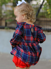 Fall Plaid Girl Set Petal Collar Puff Sleeve Bloomer