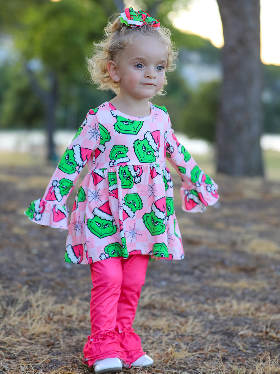 Christmas Girls Cartoon Print Outfit Set
