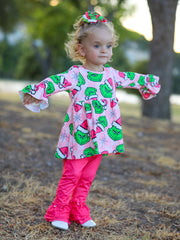 Christmas Girls Cartoon Print Outfit Set
