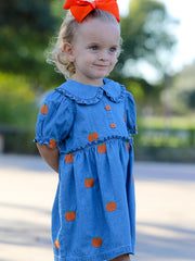 Fall Pumpkin Embroidered Girls Denim Dress with Ruffle Collar