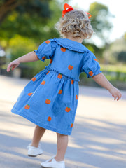 Fall Pumpkin Embroidered Girls Denim Dress with Ruffle Collar