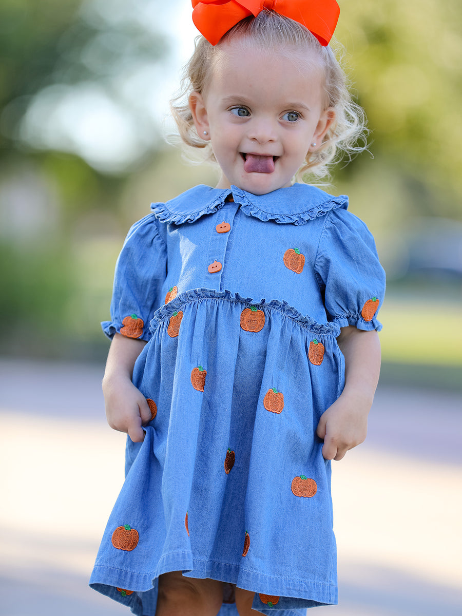 Fall Pumpkin Embroidered Girls Denim Dress with Ruffle Collar