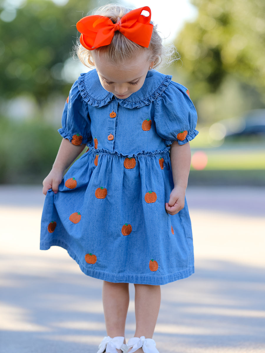Fall Pumpkin Embroidered Girls Denim Dress with Ruffle Collar