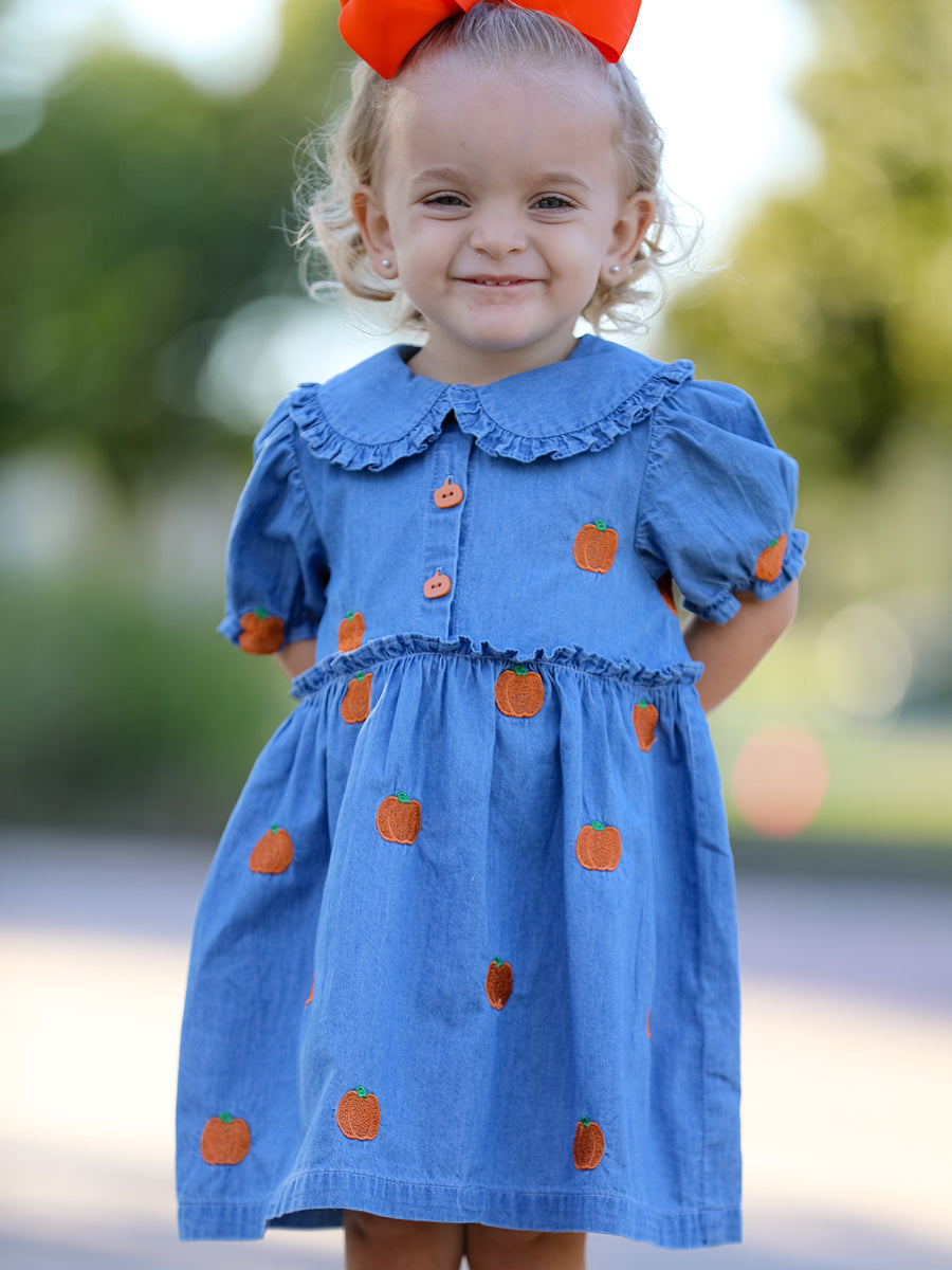 Fall Pumpkin Embroidered Girls Denim Dress with Ruffle Collar