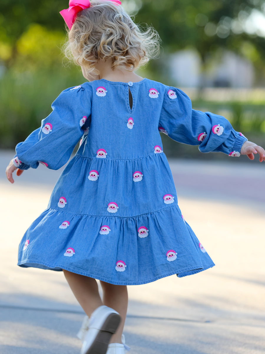 Christmas Santa Embroidered Girls Denim Dress
