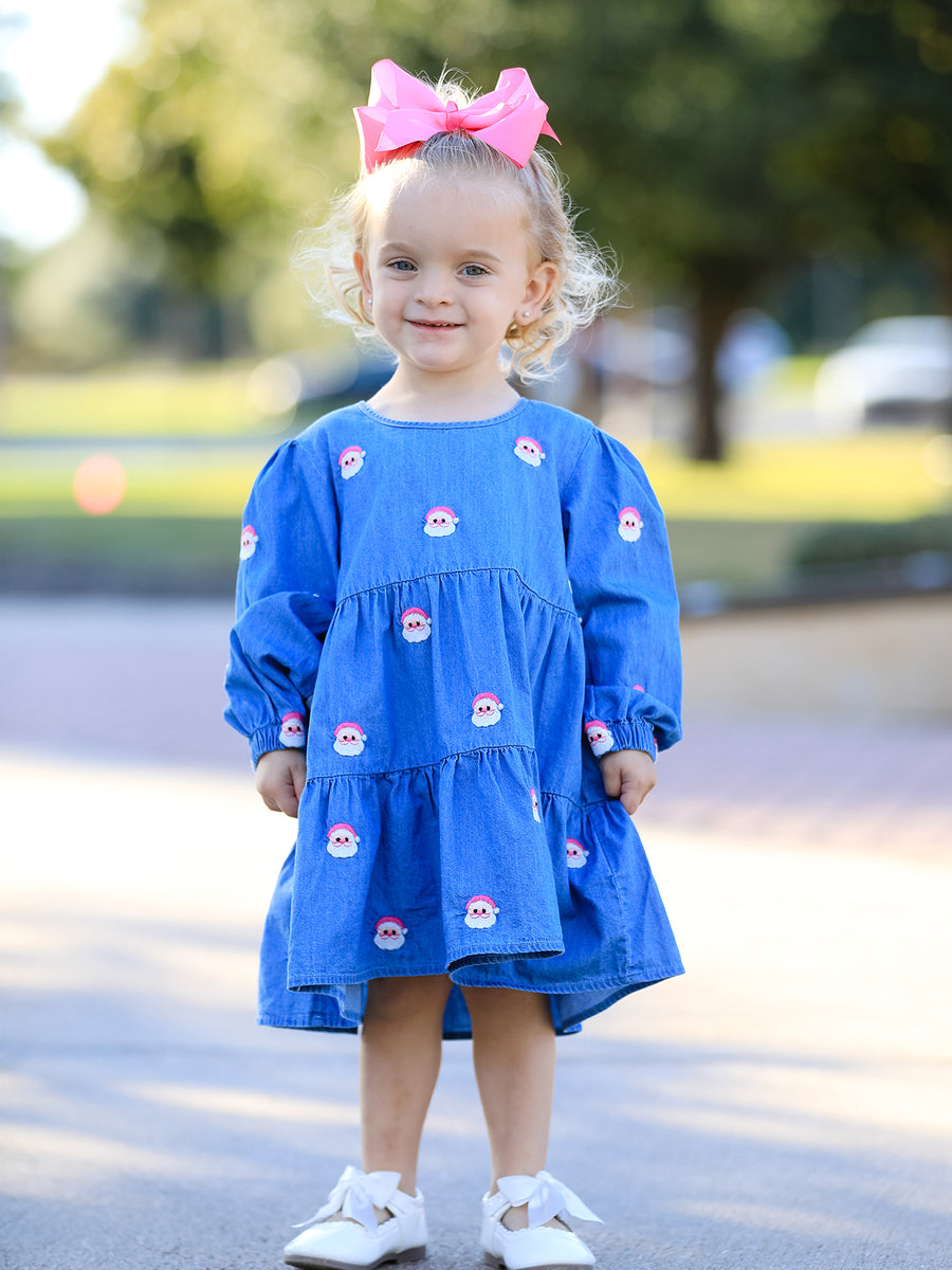 Christmas Santa Embroidered Girls Denim Dress