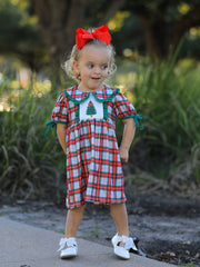 Christmas Tree Plaid Girls Dress Petals Collar Ruffle