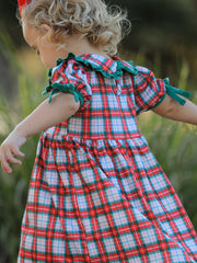 Christmas Tree Plaid Girls Dress Petals Collar Ruffle
