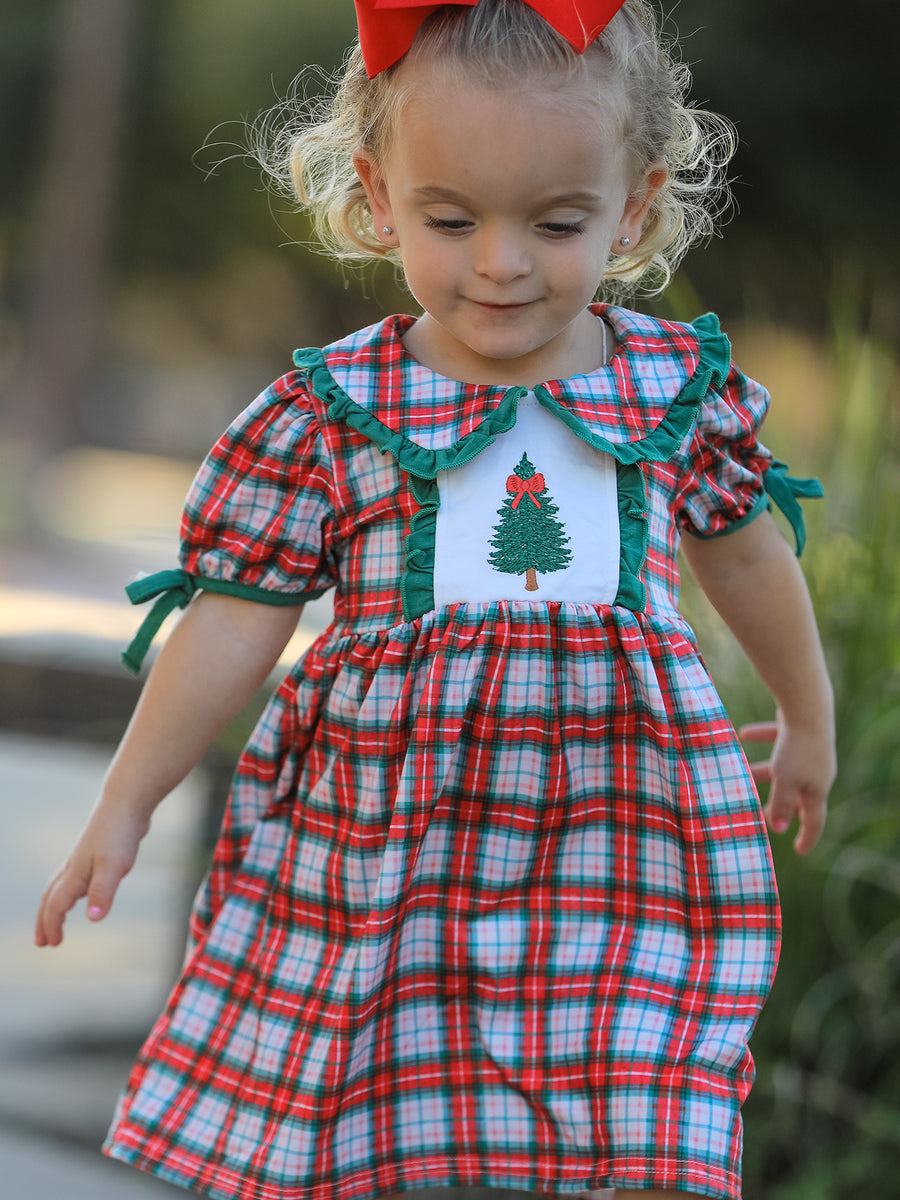 Christmas Tree Plaid Girls Dress Petals Collar Ruffle