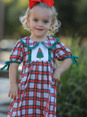 Christmas Tree Plaid Girls Dress Petals Collar Ruffle