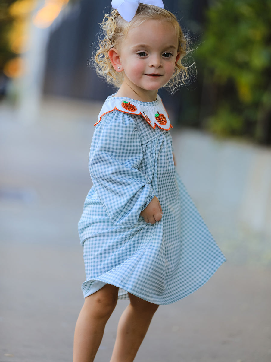 Halloween Thanksgiving Pumpkin Embroidery Girls Dress Peter Pan Collar