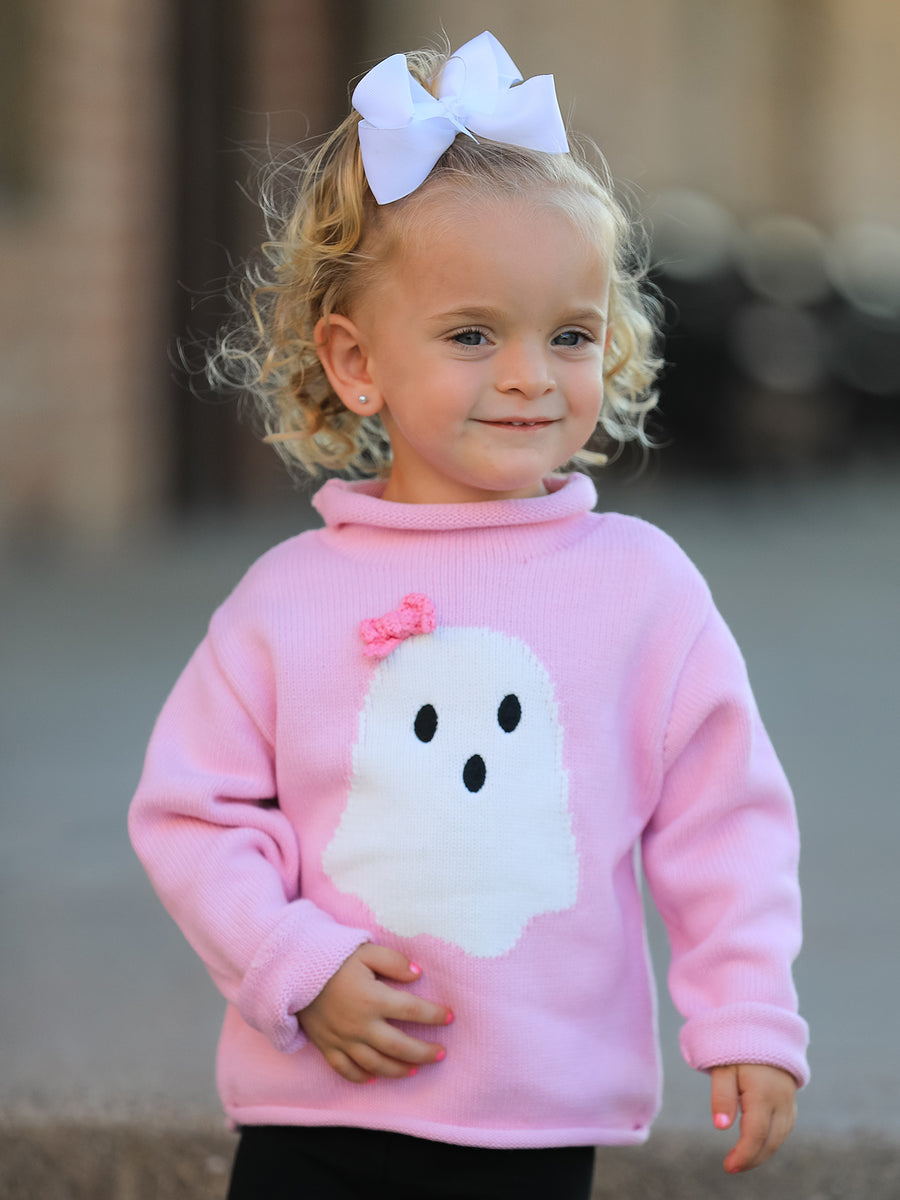Girls Ghost Bow Knit Sweater Halloween Cute Embroidered Pullover