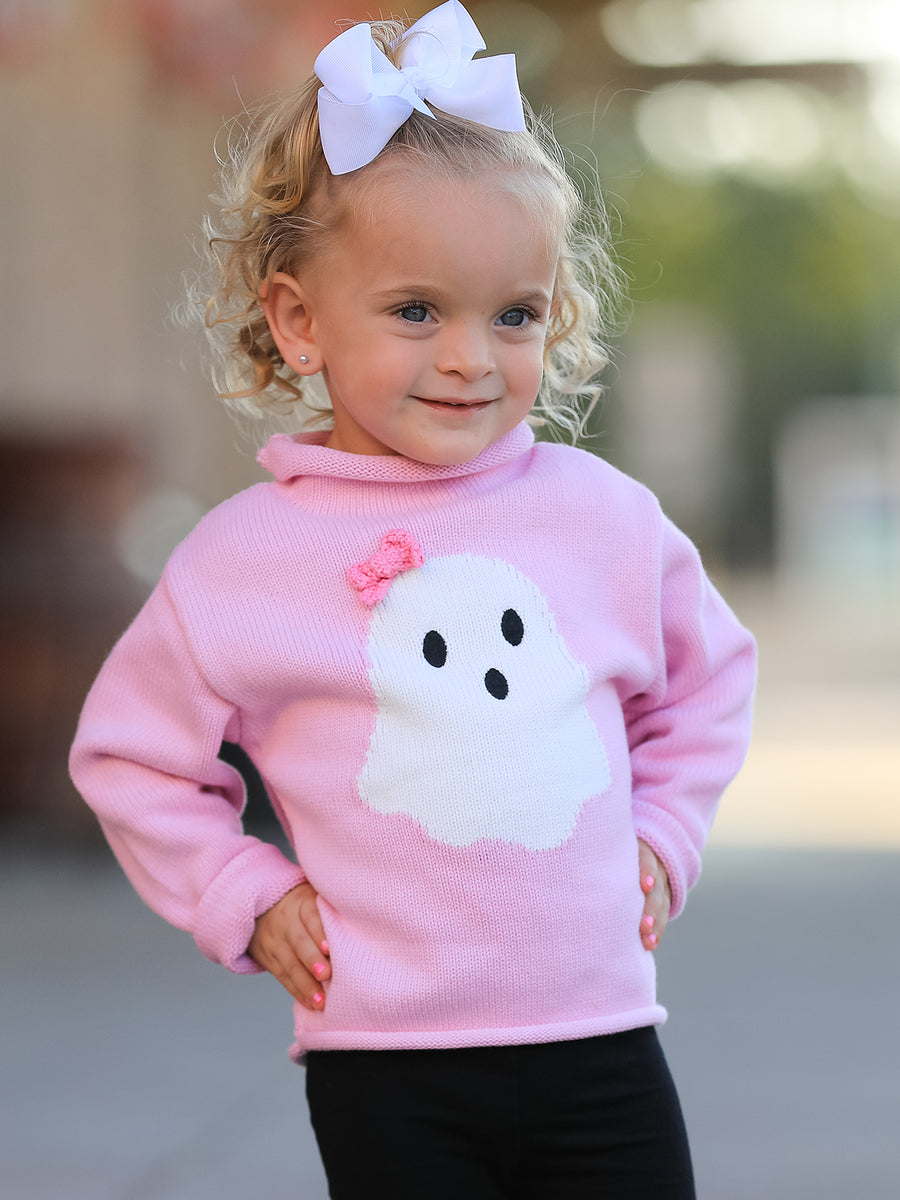 Girls Ghost Bow Knit Sweater Halloween Cute Embroidered Pullover