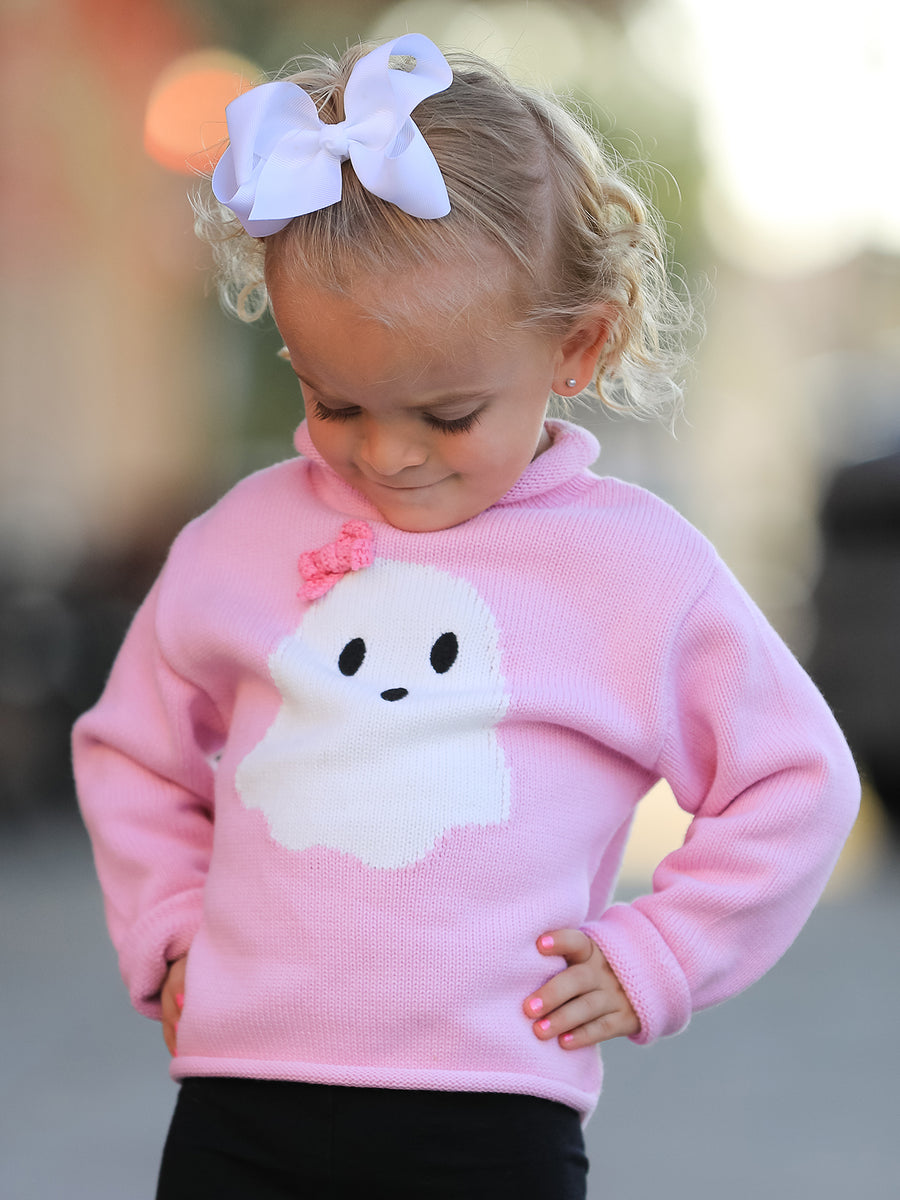 Girls Ghost Bow Knit Sweater Halloween Cute Embroidered Pullover
