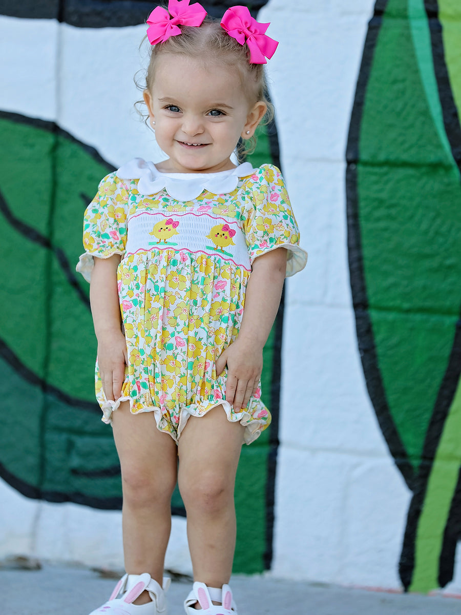 Easter Yellow Chick Embroidery Floral Baby Girl Romper Petal Collar