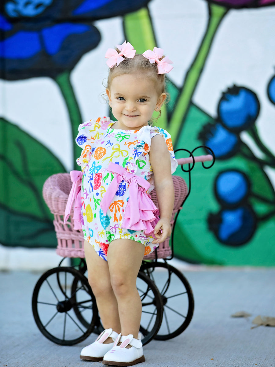 Rainbow Easter Egg Print Bow Baby Girls Romper