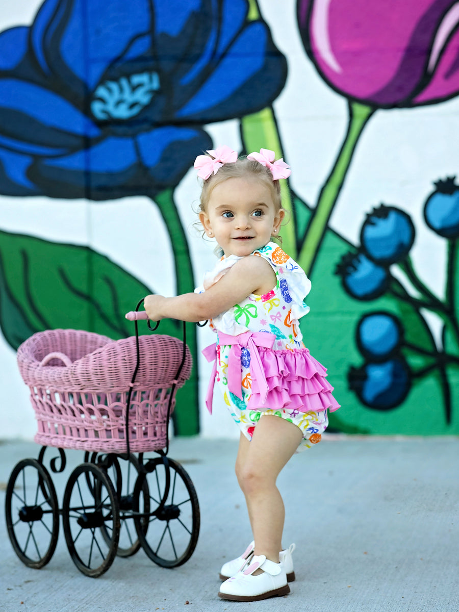 Rainbow Easter Egg Print Bow Baby Girls Romper