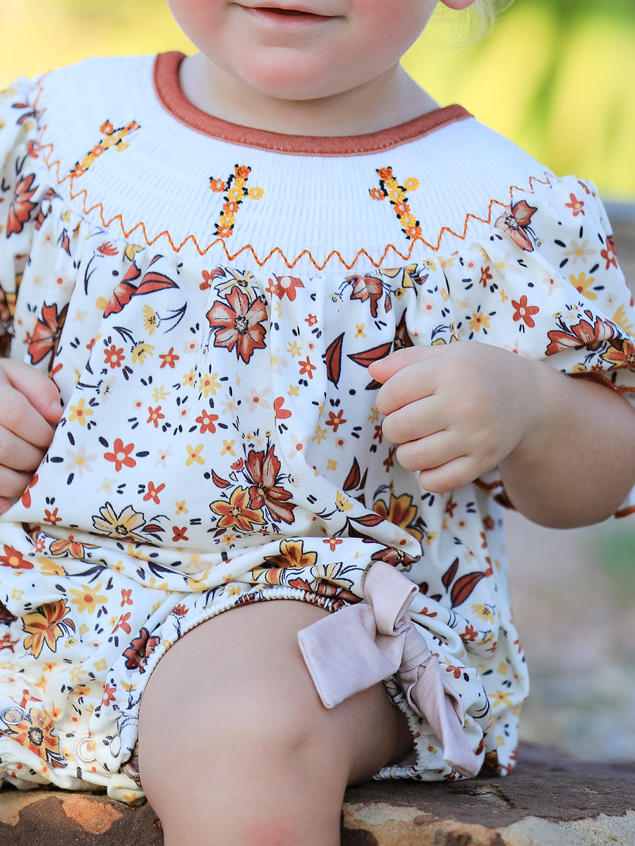 Colorful Floral Smocked Church Christ Bishop Christening Baby Girl Romper