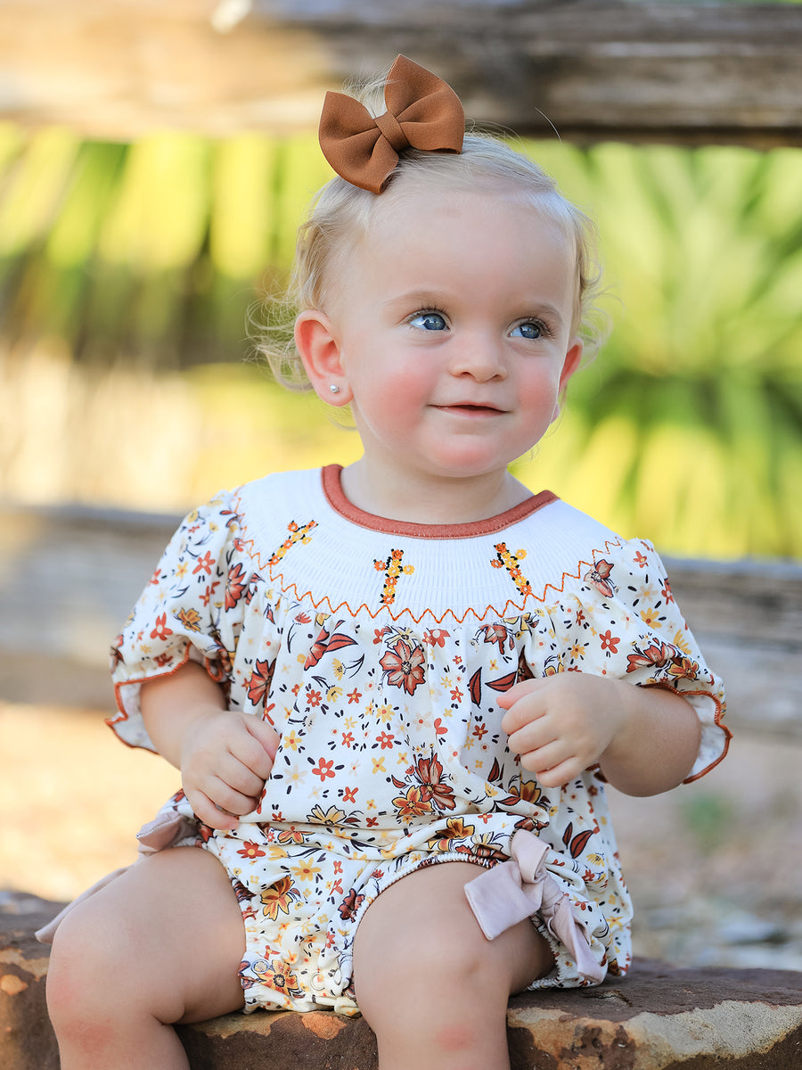 Colorful Floral Smocked Church Christ Bishop Christening Baby Girl Romper