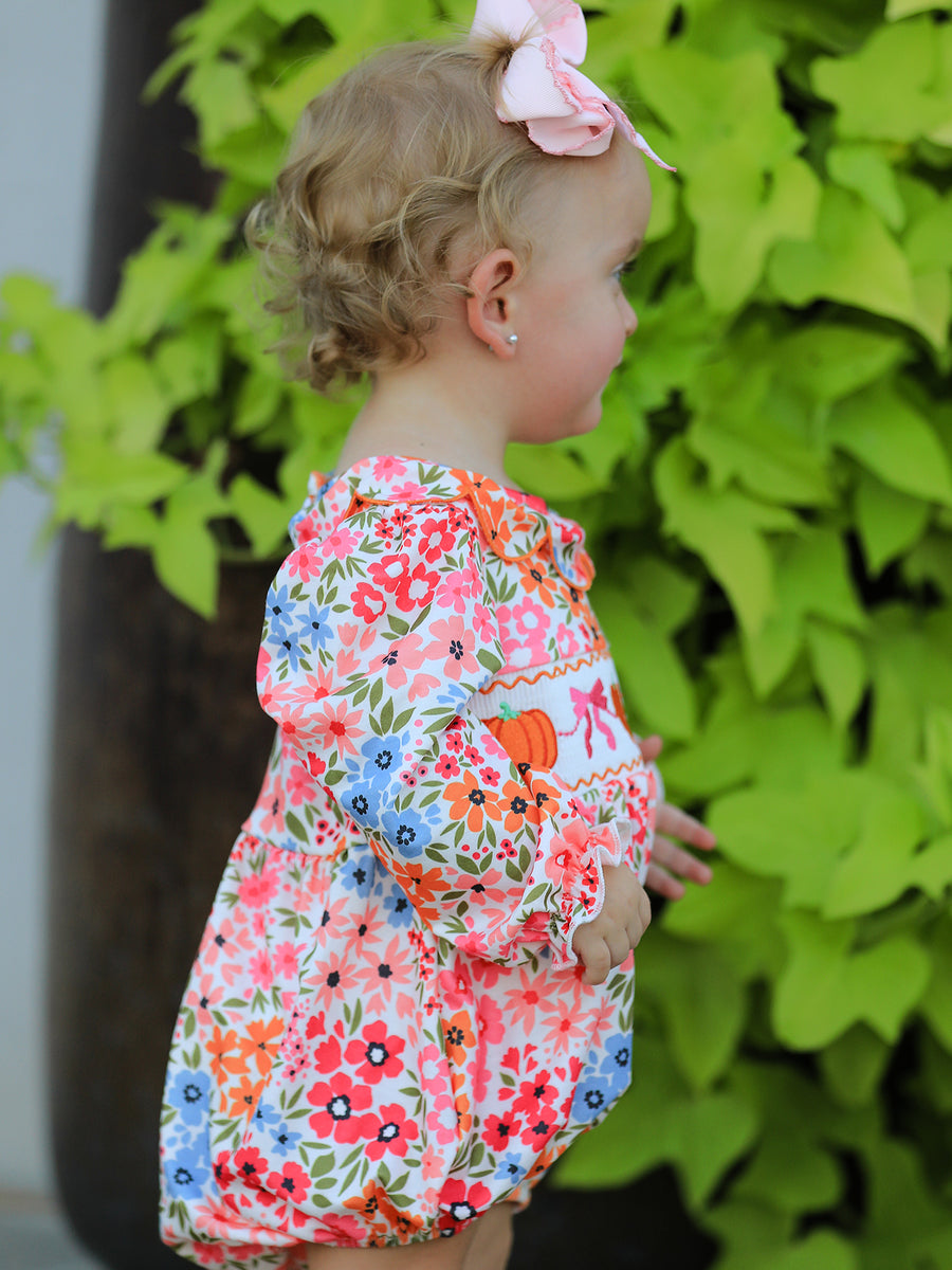 PREORDER Fall Halloween & Thanksgiving Pumpkin Bow Smock Embroidered Floral Baby Girl Romper
