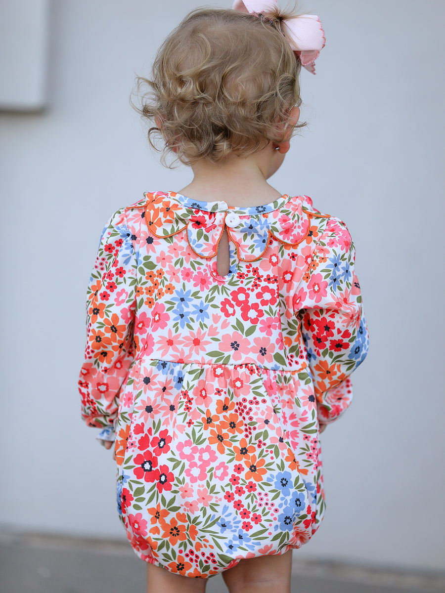 PREORDER Fall Halloween & Thanksgiving Pumpkin Bow Smock Embroidered Floral Baby Girl Romper